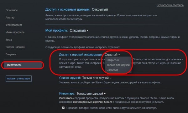 настройки приватности steam